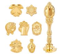 craspire 8Pcs/Box Ensemble de Tampons de Cire de Noël Mariage 7 Styles Têtes de Tampons de Scellage 1 pièces Poignée en Métal Doré Amovible Vintage Baroque Cloche Flocon de Neige Kits de Fleurs