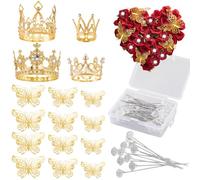 CRASPIRE Accessoires pour Bouquet de Fleurs Comprenant 4 couronne Argentée 12 décorations Papillon et 50 épingles Diamant pour Anniversaires Mariages Fournitures de Fleuriste et Décorations de Gâteaux