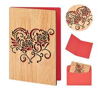 craspire Coeur Carte Bois, Carte d'anniversaire de Mariage en Bois, Conception de Rose de Coeur Creux, Cadeaux de Carte de Voeux en Bois Faits à la Main pour Les Mariages Anniversaire Fête