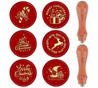 craspire Ensemble de Tampons de Cire de Noël 6pcs Têtes de Tampon en Laiton Amovibles 2pcs Manche en Bois pour Enveloppes D'Invitations de Fête de Noël de Mariage Vintage