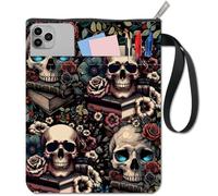 craspire Housse de Livre Motif Tête de Mort Motif Floral Rose pour Livre à Couverture Rigide Accessoires de Lecture Tissu Lavable Imprimé Floral avec Fermeture Éclair Poche Supplémentaire pour Carnet
