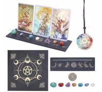 craspire Kit de Carte de Tarot Support de Carte de Tarot en Bois avec Nappe D'Autel, 7 Collier Pendentif Chakra, Pierres Fines, 12Pcs Challenge Coin Sorcière Divination Outils Tarot Carte Accessoires