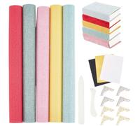 CRASPIRE Kit de couverture de livre en lin 5 couleurs 35 x 30 cm | Lot de 24 coins décoratifs, 3 feuilles de vinyle thermocollantes, 2 outils de classeur en os pour livres A5-A8, reliure