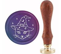 craspire Magic Cat Wax Seal Stamp Halloween Cire à Cacheter Timbres Chapeau de Sorcière 30mm Rétro Vintage Tête de Timbre Amovible en Laiton avec Manche en Bois pour Les Invitations de Mariage Noël