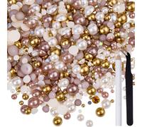 craspire Perles et Strass à Dos Plat 3mm-10mm Mélange de Strass en Résine Perles Demi Rondes Or Blanc Marron avec Stylo et Pince à Épiler pour Artisanat Gobelets Chaussures Visage Nail Art Décoration