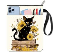 CRASPIRE Pochette De Livre À Motif De Chat Noir Et Fleur Jaune Avec Fermeture Éclair Et Pochette Supplémentaire Double Face Motif Tournesol Lavable Pour Carnet De Notes À Couverture Rigide