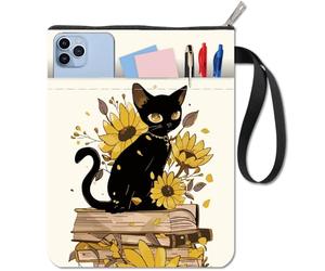 CRASPIRE Pochette De Livre À Motif De Chat Noir Et Fleur Jaune Avec Fermeture Éclair Et Pochette Supplémentaire Double Face Motif Tournesol Lavable Pour Carnet De Notes À Couverture Rigide