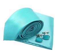 Cravate slim bleu-turquoise, pochette-mouchoir et boutons de manchette