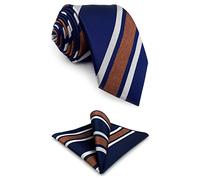 Cravates Rayées Homme Bleu Marine à Rayures Blanches Marron avec Pochette Assortie 147cm