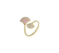 crayfomo Bague Feuille Ginkgo pour Femmes, Ton Or Asymétrique Nacre Cristal, Ouvert Réglable Deux Feuilles Floral Statement, Nature Vintage Souvenir, Idéal pour Superposition Quotidienne