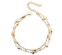 crayfomo Bracelet Double Chaîne Doré, Bracelet à Étages avec Accents Cœur et Perles, Bijou Poignet Léger avec Design à Longueur Ajustable