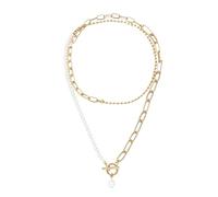 crayfomo Collier Or Massif Superposé Perles et Trombone pour Femmes, Chaîne Mixte et Rang de Perles avec Fermoir Toggle et Pendentif Goutte, Bijoux Vintage Français