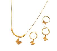 crayfomo Ensemble de bijoux papillon en or Collier papillon 4 pièces Collier en alliage Boucles d'oreilles Ensemble de bagues pour les femmes, 45cm