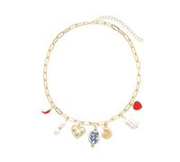 crayfomo Français Vintage multi-charme collier avec Chili, coeur, Shell & Baroque Imitation perles, plaqué or trombone chaîne déclaration bijoux cadeau pour les femmes