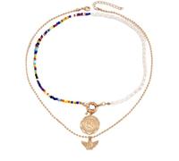 crayfomo Layered Boho Choker Necklace Set Gold Tone Coin Angel Wing Pendant with Beaded Chain, Pearl Strand Adjustable Clasp for Women Bohemian Fashion Jewelry Gifts for Birthday