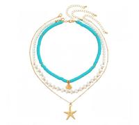 crayfomo Or et bleu 3 couches empilés été plage colliers pour femmes irrégulière étoile de mer coquillage collier Boho océan été plage vacances bijoux cadeau