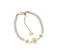 crayfomo Perle & trèfle à quatre feuilles Bracelet pour femme-plaqué or émail Accents chaîne réglable, Vintage Boho mode bijoux cadeau pour tous les jours & Party Wear