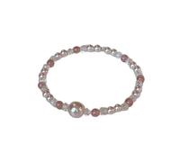 crayfomo Rose Quartz Strawberry Crystal Pearl Bracelet, Pink Silver Tone Small Beaded Elastic, for Women Girls Daily Wear Gift