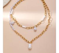 crayfomo Vintage or boîte chaîne multi-couche collier pour femme-irrégulière perle pendentif déclaration bijoux, 42 5,5 cm réglable titane acier mousqueton fermoir, style de rue européenne américaine