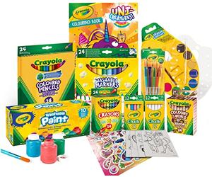 Crayola, Méga, Set Couleur et Peinture avec Autocollants, Âge 6+, dès 6 Ans | 24 feutres, 24 crayons DE COULEUR, 24 crayons DE CIRE, 64 pages, 10 gouaches lavables, 12 aquarelles avec pinceau, 5 pinceaux