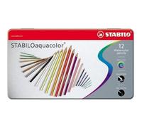 STABILO Crayons de couleur Aquacolor 1612-5 – Aquarellables, étui métal, mine Ø2,8 mm, boîte 12
