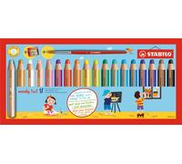 Crayon de couleur, aquarelle & craie de cire - STABILO woody 3 en 1 - pack de 18 avec taille-crayon et pinceau - avec 18 couleurs différentes