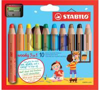 Crayon de couleur, aquarelle & craie de cire - STABILO woody 3 en 1 - paquet de 10 avec taille-crayon - avec 10 couleurs différentes