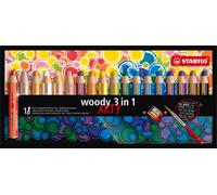 Crayon de couleur, aquarelle & craie de cire - STABILO woody 3 in 1 - ARTY - Pack de 18 avec taille-crayon et pinceau - avec 18 couleurs différentes