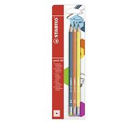 STABILO Crayon graphite pencil 160 HB - blister x3 avec bout gomme - Bleu ardoise/Orange/Jaune