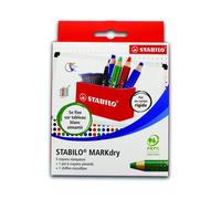 Crayon marqueur tableaux blancs - STABILO - MARKdry - Pot aimanté 5 pcs + chiffonnette - Bois PEFC - Effaçable à sec