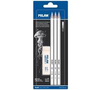 Crayons blancs avec graphite de carbone épais 3 Pcs. + gomme sur blister