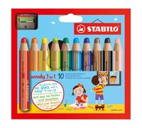 STABILO - Crayon de couleur - woody 3en1 - Etui carton x 10 crayons de couleur enfant - taille-crayon inclus - coloris assortis