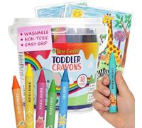 Crayons de Cire pour Tout-Petits 3-8 Ans - 18 Crayons Bébé pour Enfants 4-8 Ans - Avec Feuilles de Coloriage Imprimées - Lavables, Non Toxiques et Faciles à Tenir - Parfaits pour la Salle de Classe
