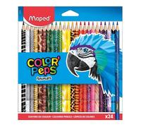 Maped - Crayons de Couleur Color'Peps Animals FSC - Crayon de Coloriage Triangulaire Ergonomique - Crayons Décorés Animaux - Pochette de 24 Crayons en Bois Certifiés FSC