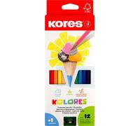 Kores - Kolores : 12 Crayons de Couleur pour Enfants, Débutants et Adultes avec Mine Tendre et Forme Triangulaire, Paquet de 12 Couleurs Assorties et Taille-Crayon Inclus