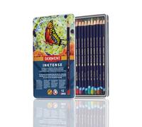 Crayons Derwent Inktense, Set de 12 Crayons de Couleur Aquarellables Permanents. Soluble à L'eau, idéal pour le Dessin, le Coloriage et la Peinture sur Papier ou Tissu, Boîte Métal (0700928)