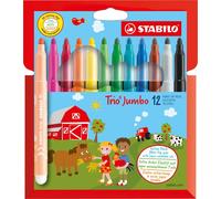 STABILO Trio Jumbo - Feutre de coloriage - Étui carton x 12 feutres pointe large - Coloris assortis