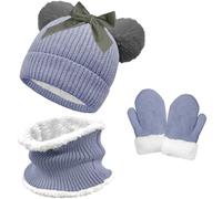 crazy bean Bonnet Echarpe et Gants pour Enfant Chaud Hiver Tour de Cou et Moufle Fille Garçon Bonnet en Tricot avec Double Pompon Fourrure Ensemble de 3 Pièces Gris