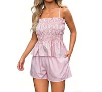 crazy bean Ensemble Femme 2 Pièces Ete Chic Short avec Poches Haut Bretelles e Bermuda des Rayures Décontracté Slim Fit Sexy Rose M