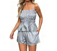 crazy bean Ensemble Femme 2 Pièces Ete Chic Short avec Poches Haut Bretelles e Bermuda des Rayures Décontracté Slim Fit Sexy Gris M