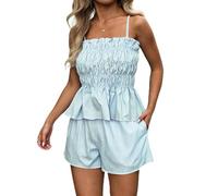 crazy bean Ensemble Femme 2 Pièces Ete Chic Short avec Poches Haut Bretelles e Bermuda des Rayures Décontracté Slim Fit Sexy Bleu L