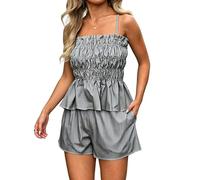 crazy bean Ensemble Femme 2 Pièces Ete Chic Short avec Poches Haut Bretelles e Bermuda des Rayures Décontracté Slim Fit Sexy Noir M