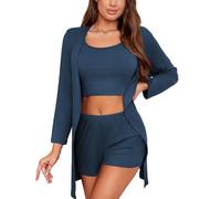 crazy bean Ensembles Pyjama D'éTé ÉLéGant en Coton pour Femmes Pyjama Sexy à Manches Courtes pour Femmes 3 Piece Soft Loungewear Short Sleeve Pajama Pants Veste Bleu Marine S