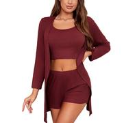 crazy bean Ensembles Pyjama D'éTé ÉLéGant en Coton pour Femmes Pyjama Sexy à Manches Courtes pour Femmes 3 Piece Soft Loungewear Short Sleeve Pajama Pants Veste Bordeaux XL