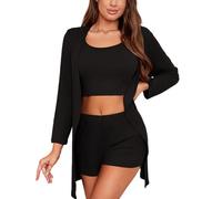 crazy bean Ensembles Pyjama D'éTé ÉLéGant en Coton pour Femmes Pyjama Sexy à Manches Courtes pour Femmes 3 Piece Soft Loungewear Short Sleeve Pajama Pants Veste Noir XL