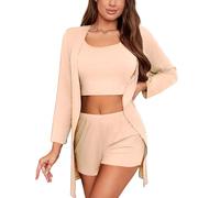 crazy bean Ensembles Pyjama D'éTé ÉLéGant en Coton pour Femmes Pyjama Sexy à Manches Courtes pour Femmes 3 Piece Soft Loungewear Short Sleeve Pajama Pants Veste Beige L