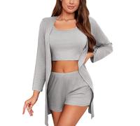 crazy bean Ensembles Pyjama D'éTé ÉLéGant en Coton pour Femmes Pyjama Sexy à Manches Courtes pour Femmes 3 Piece Soft Loungewear Short Sleeve Pajama Pants Veste Gris S