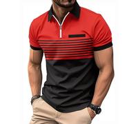 crazy bean Polo à Manches Courtes Homme col Zippé Tee Shirt Homme col V Rayé Polo Été Vetement avec Fausse Contrasté pour Travail Tennis Golf Casual Cadeau,Rouge et Noir,M