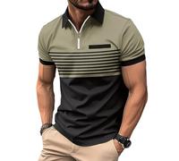 crazy bean Polo à Manches Courtes Homme col Zippé Tee Shirt Homme col V Rayé Polo Été Vetement avec Fausse Contrasté pour Travail Tennis Golf Casual Cadeau,Kaki et Noir,3XL