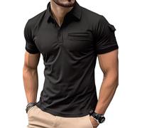 crazy bean Polos D'été à Manches Courtes pour Hommes Shirt Boutonné à Col en V Polo de Sport Chemise de Golf DéContractée avec Poches Noir L